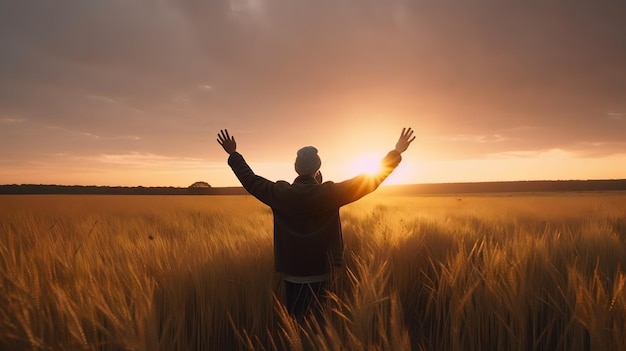 Homme debout dans un champ avec le soleil qui brille sur son visage