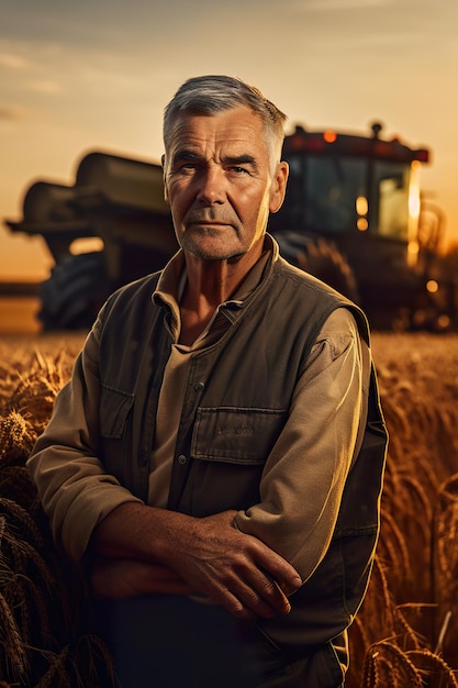 Un homme debout dans un champ avec un tracteur derrière lui Image générative AI