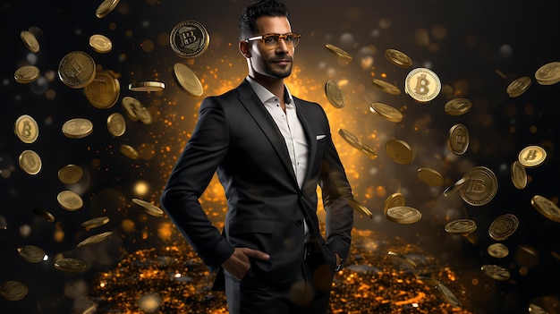 un homme debout dans un fond de crypto-monnaie bitcoin créé avec la technologie générative ai