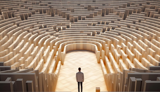 Homme debout dans un immense labyrinthe labyrinthe concept de choix de vie difficile IA générative