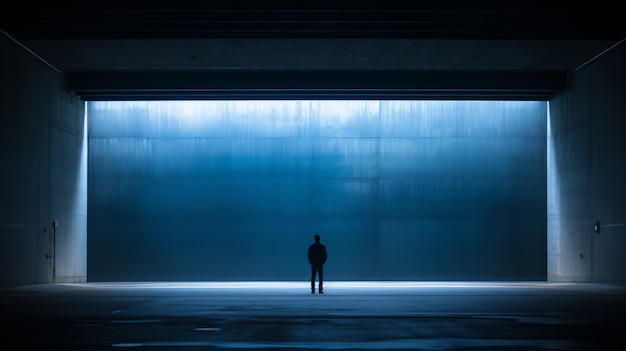 un homme debout dans une pièce sombre avec une grande fenêtre