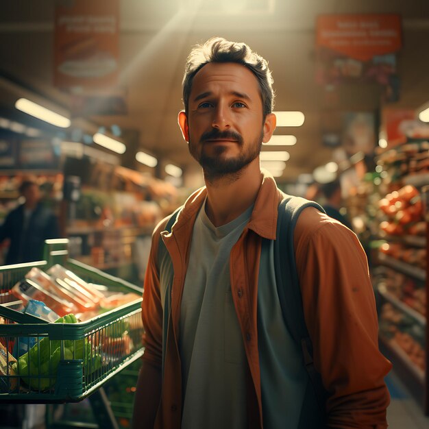 Un homme debout dans un supermarché poussant un chariot d'achat lumière du jour photoréaliste cinématographique lumineux