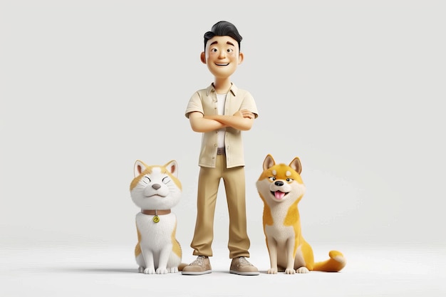Un homme debout avec deux chiens et un chat