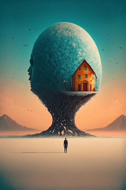 Homme debout devant un arbre géant avec une maison à l'intérieur de celui-ci générative ai