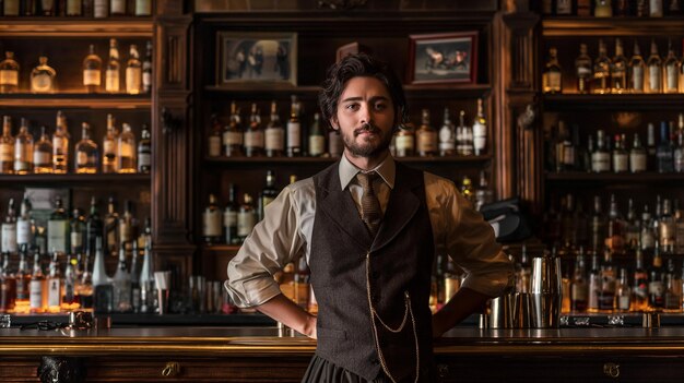 un homme debout devant un bar avec une bouteille de whisky