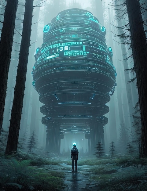 un homme debout devant un bâtiment futuriste dans les bois