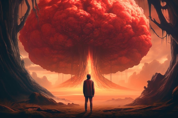 Un homme debout devant un énorme champignon nuage Le planétoïde rouge explose Art conceptuel émotionnel AI générative