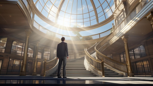Un homme debout devant un escalier dans un immeuble