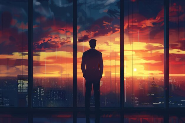 Un homme debout devant une fenêtre observant un beau coucher de soleil Convient pour le style de vie ou le contenu inspirant