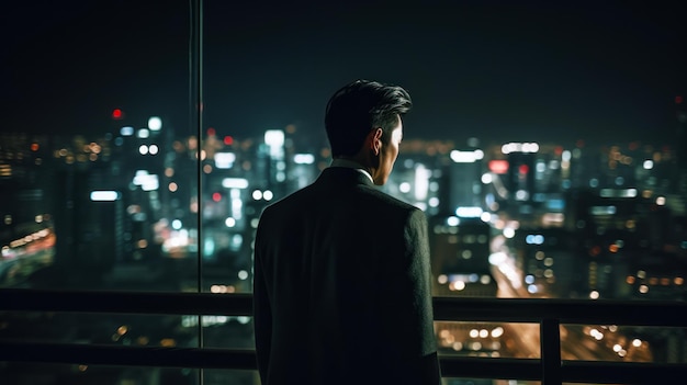 Homme debout devant la fenêtre regardant la ville la nuit AI générative