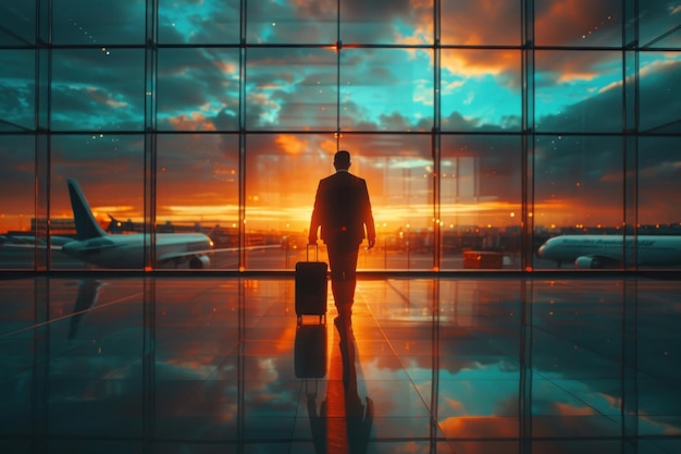 Un homme debout devant la fenêtre avec une valise