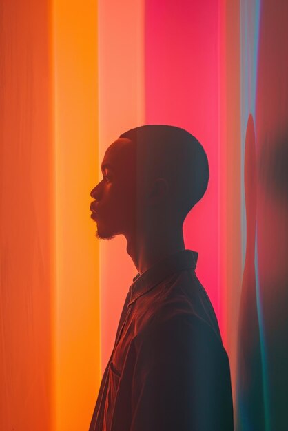 Photo un homme debout devant un fond coloré la lumière brille à travers ses cheveux et crée un effet arc-en-ciel