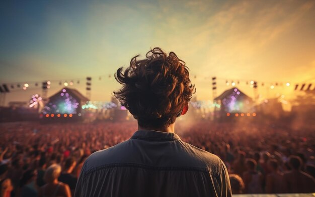 Un homme debout devant une foule regardant des feux d'artifice AI