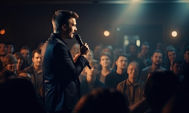 Un homme debout devant une foule tenant un microphone