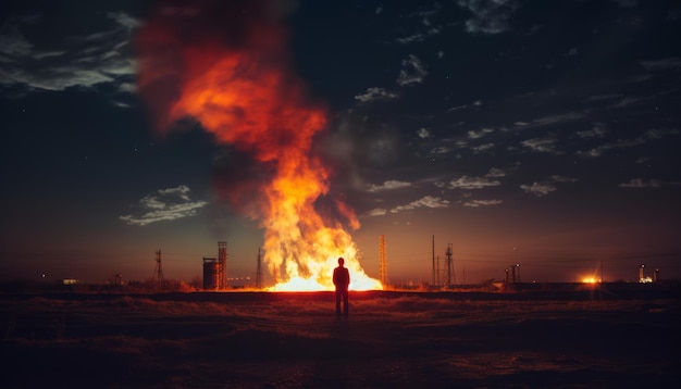 un homme debout devant un grand feu