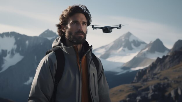 Un homme debout devant une montagne avec une télécommande