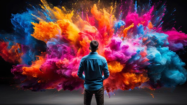 Un homme debout devant un nuage coloré sur un fond noir Illustration