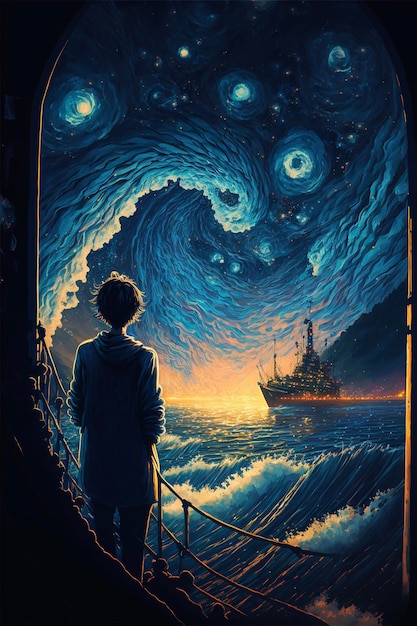 Homme debout devant une peinture d'un navire générative ai