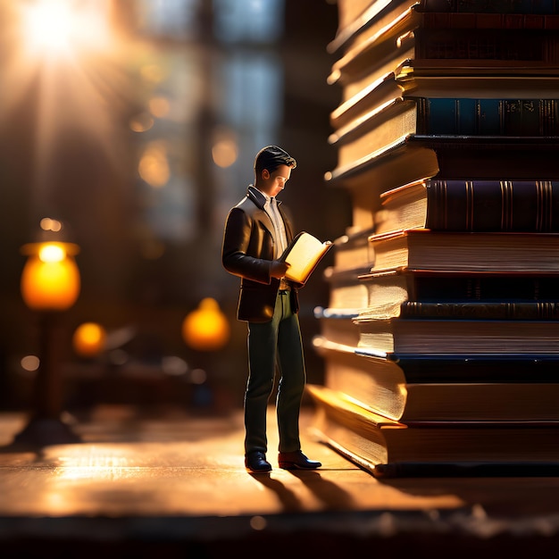 un homme debout devant une pile de livres