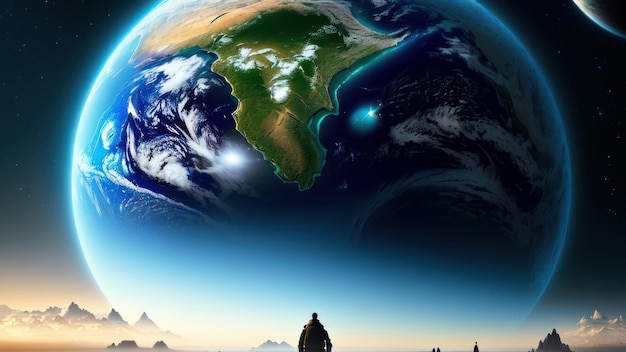 Un homme debout devant une planète avec la terre en arrière-plan