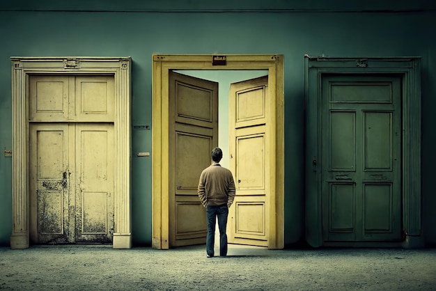 Homme debout devant des portes vintage choisissant le bon concept de choix IA générative