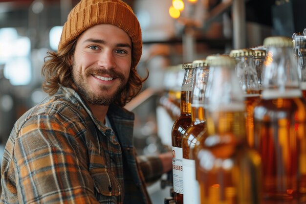 Un homme debout devant une rangée de bouteilles de bière.