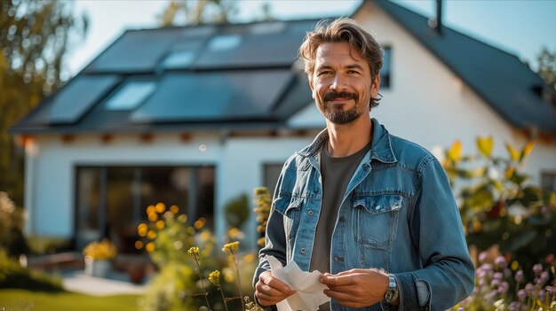 Un homme debout devant sa maison avec des panneaux solaires