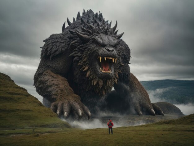 un homme debout devant une statue de monstre géant dans un champ