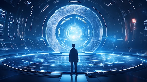 Un homme debout devant une structure de cercle futuriste