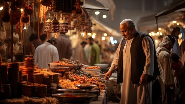 Photo un homme debout devant une table remplie de nourriture ramdan