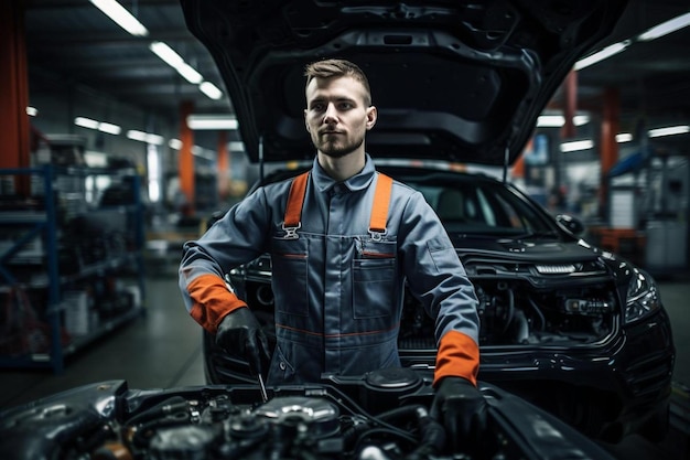 un homme debout devant une voiture qui dit service automatique