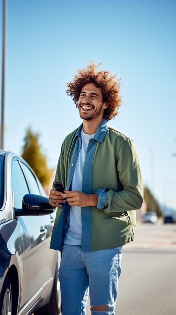 un homme debout devant une voiture utilisant un téléphone portable