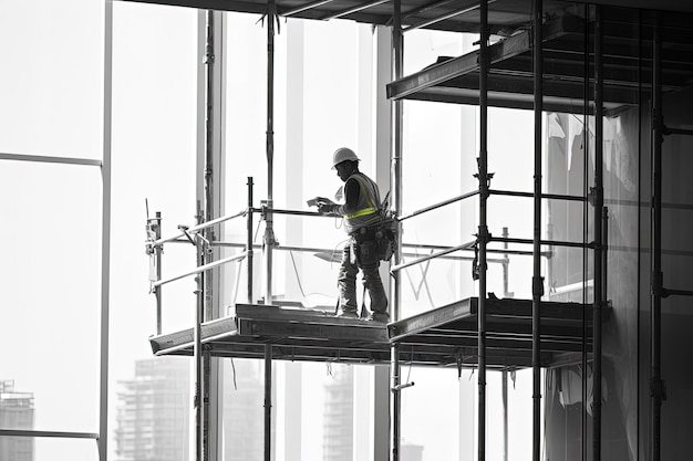 Un homme debout sur un échafaudage à côté d'un grand bâtiment