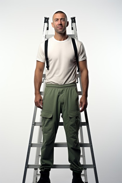 Un homme debout sur une échelle portant une chemise blanche et un pantalon vert