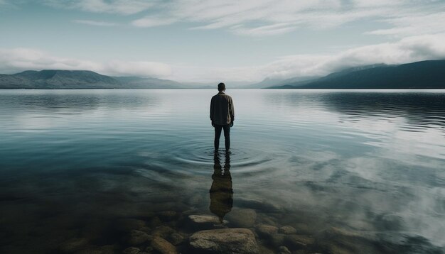 Un homme debout à l'extérieur regardant la silhouette de la chaîne de montagnes générée par l'intelligence artificielle