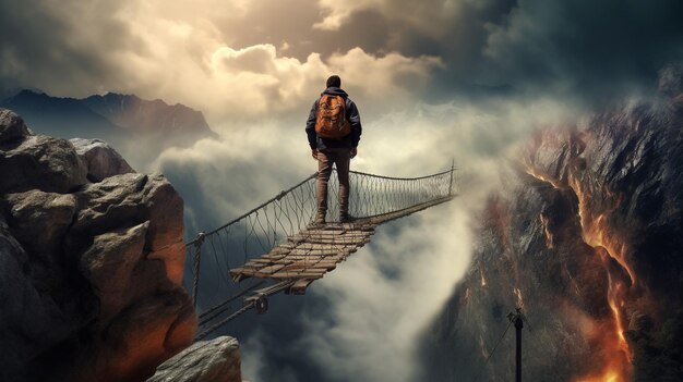 Un homme debout sur une falaise de pierre au-dessus des nuages concept de succès