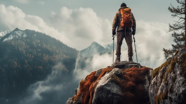 Un homme debout sur une falaise de pierre au-dessus des nuages concept de succès