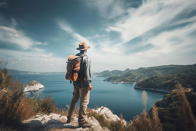 Homme debout sur une falaise surplombant un lac