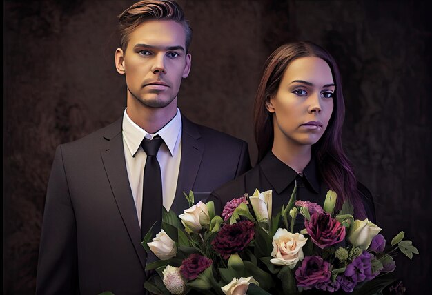 Un homme debout avec une femme attrayante tenant des fleurs lors d'un enterrement généré par l'IA