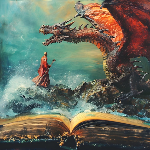 homme debout sur un livre ouvert avec un dragon dans le style de la mer et de la côte