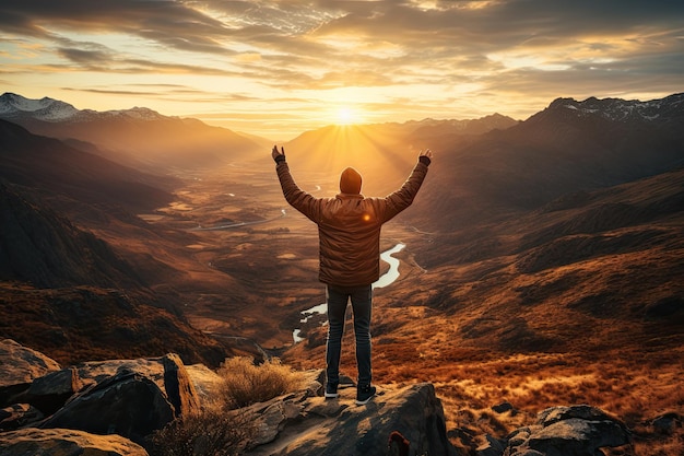 un homme debout sur une montagne au coucher du soleil