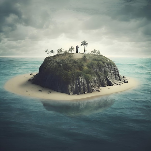 Un homme debout sur une petite île dans l'océan avec des palmiers