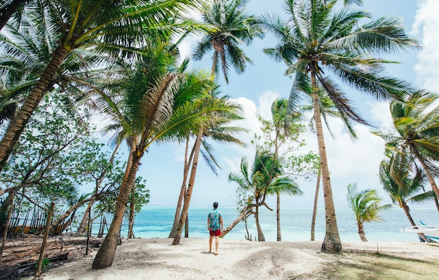 Homme debout sur la plage et profiter de l'endroit tropical avec vue. couleurs de la mer des Caraïbes et palmiers en arrière-plan. Concept sur les voyages et le mode de vie