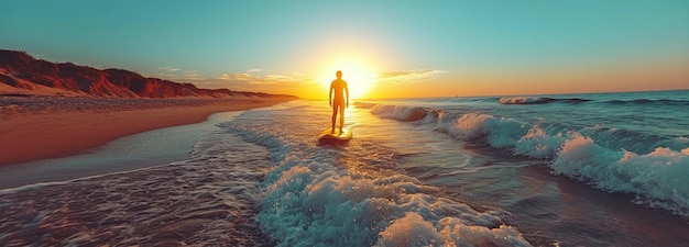 un homme debout sur une planche de surf sur le sable des plages