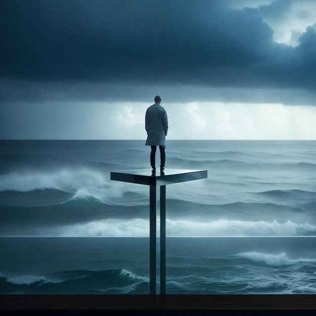 Un homme debout sur une plate-forme face à l'océan