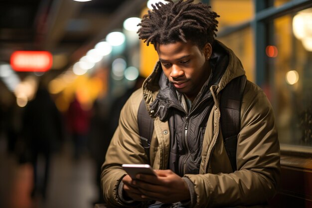 Un homme debout sur une plate-forme de train en train de regarder son téléphone portable