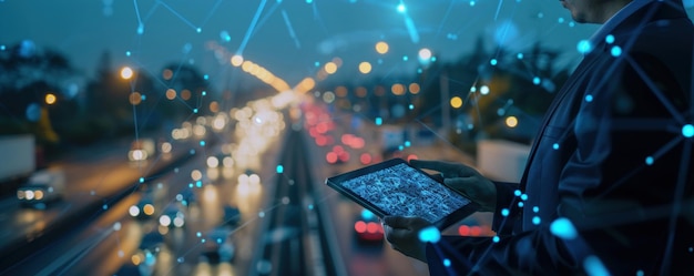 Un homme debout sur un pont tenant une tablette