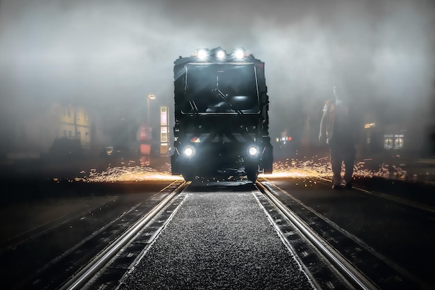 Un homme debout près du train la nuit.
