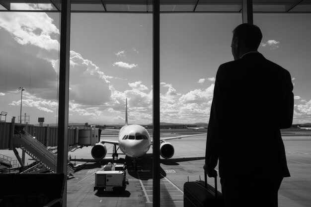 Un homme debout près d'une fenêtre regardant un avion décoller ses yeux remplis d'étonnement et de nostalgie alors qu'il regarde l'avion s'élever dans le ciel