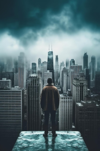 Photo homme debout sur un rebord regardant un paysage urbain